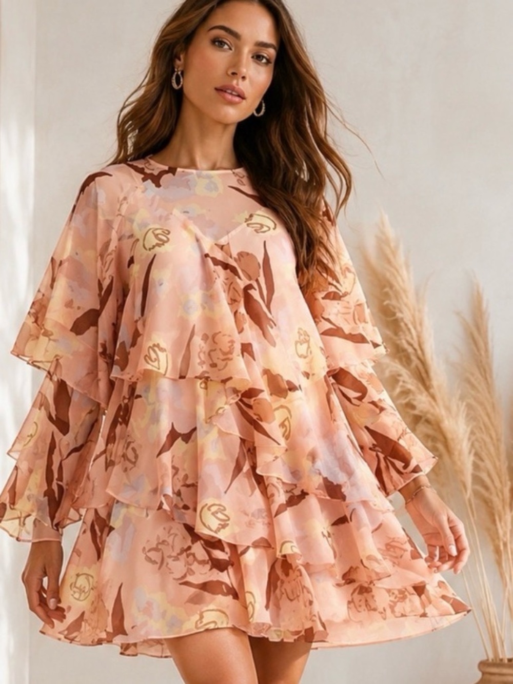 Ted Baker London Pink Floral Ruffle Tiered Chiffon Mini Dress Size 0 - Picture 1 of 7